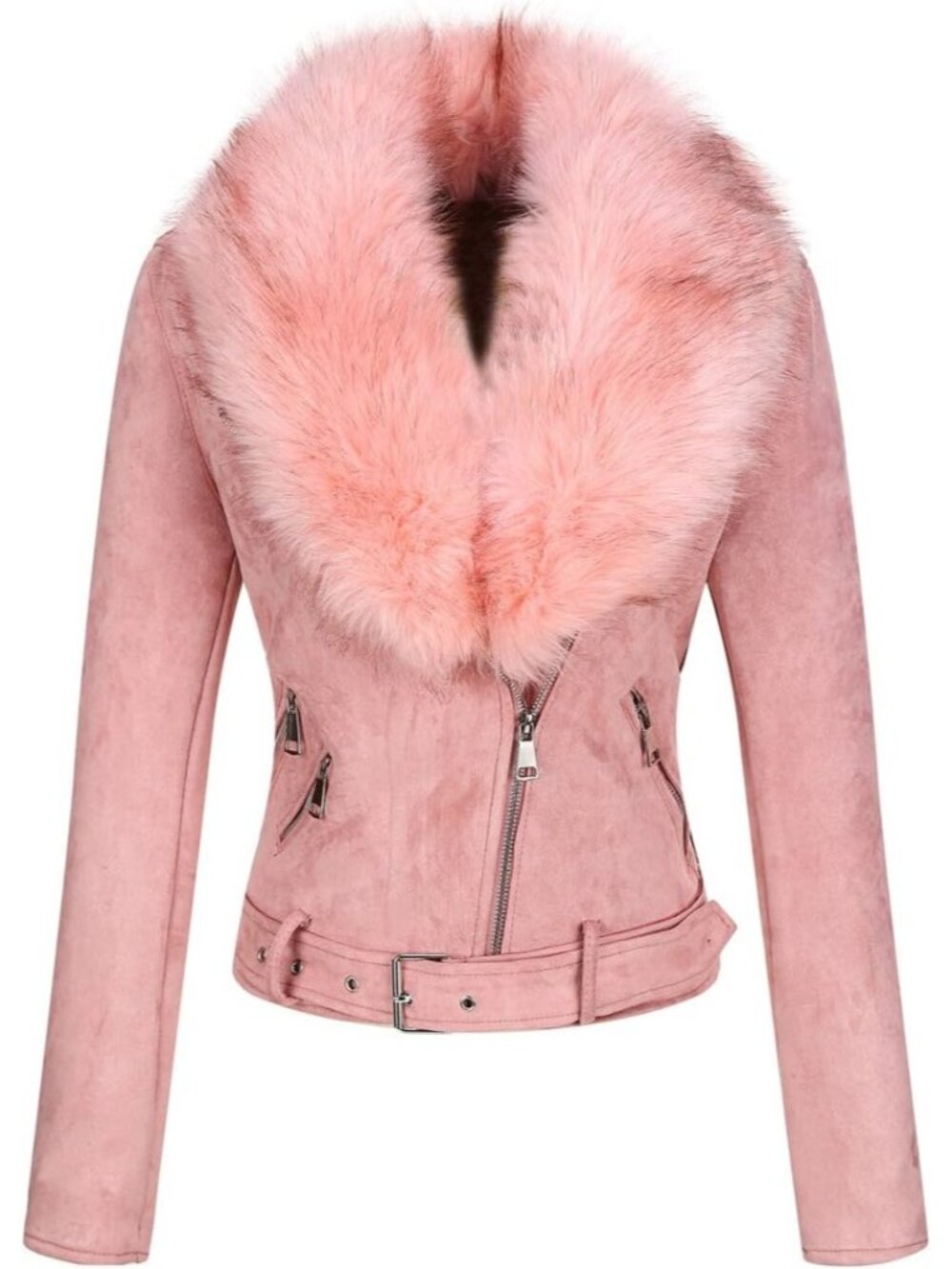 〽️Pink Women's Faux Leather Biker Jacket Faux Fur Collar Zip Up Coat